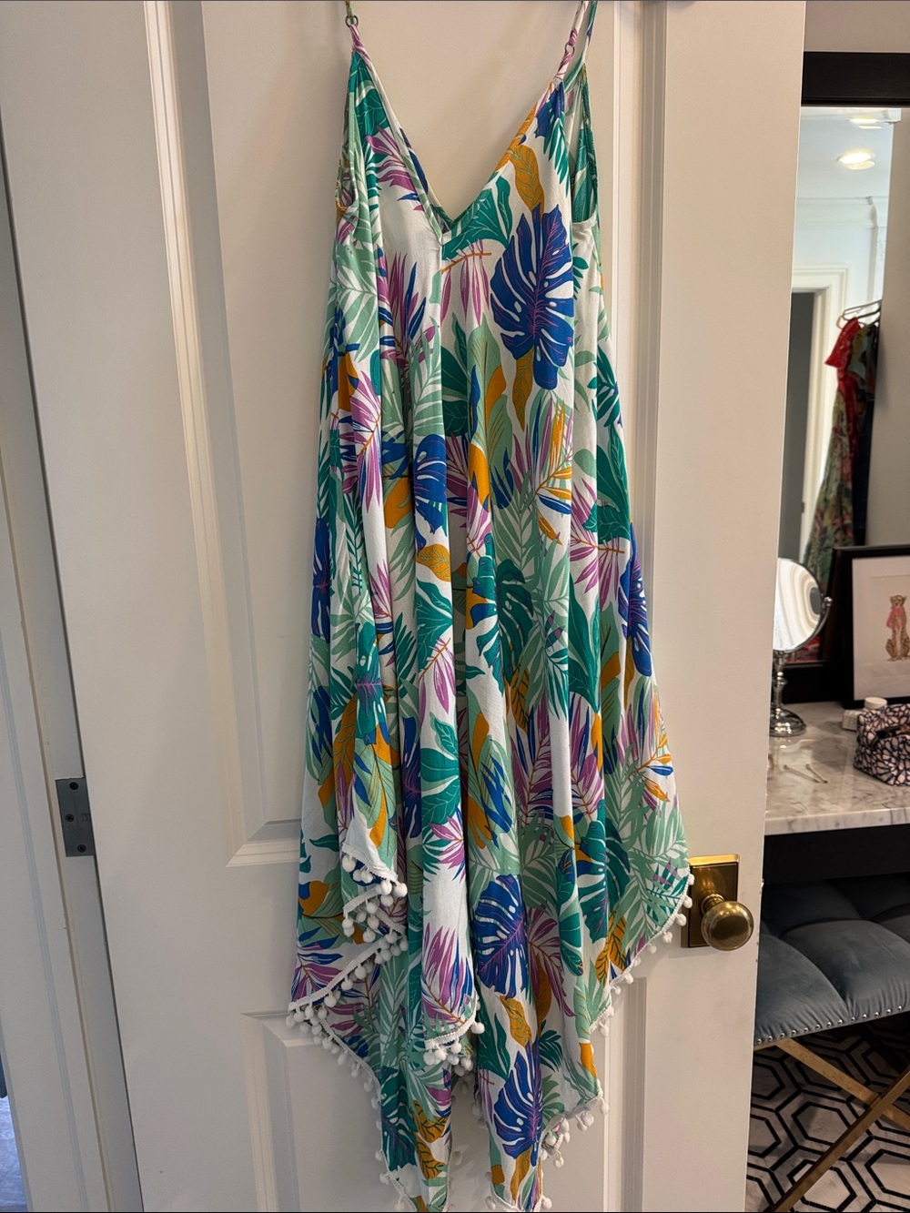 Tropical Leaf Print Swim Coverup Pom-Pom Trim - White Multi